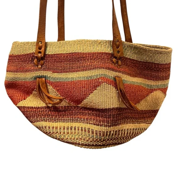 Vintage Raffia Woven Shoulder Bag Boho Beach Bucket Leather Strap Large Brown - Picture 4 of 9